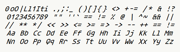 Font specimen for monospace font  (italic).