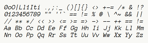 Font specimen for monospace font  (italic).