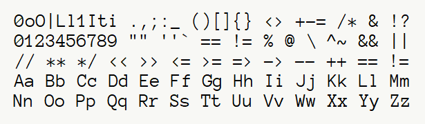 Font specimen for monospace font  (regular).