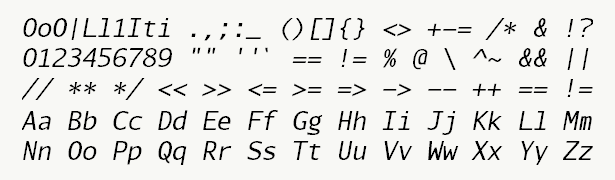 Font specimen for monospace font  (italic).