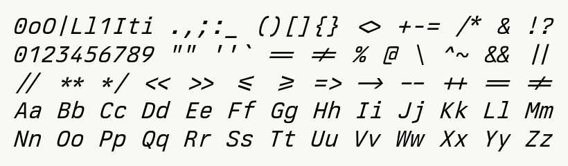 Font specimen for monospace font  (italic).