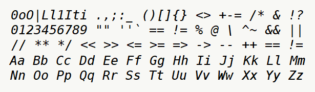 Font specimen for monospace font  (italic).