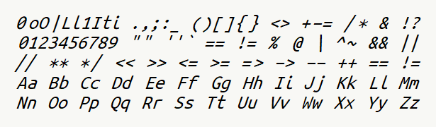 Font specimen for monospace font  (italic).