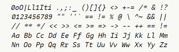 Font specimen for monospace font  (italic).