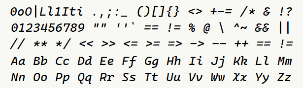 Font specimen for monospace font  (italic).