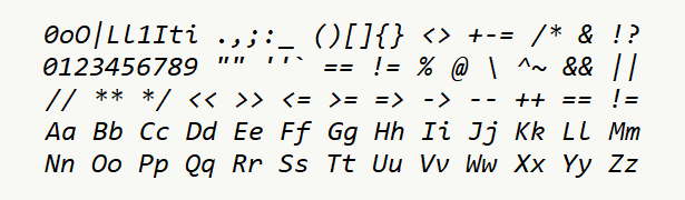 Font specimen for monospace font  (italic).