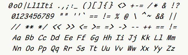 Font specimen for monospace font  (italic).