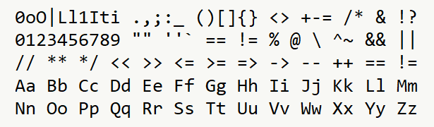 Font specimen for monospace font  (regular).