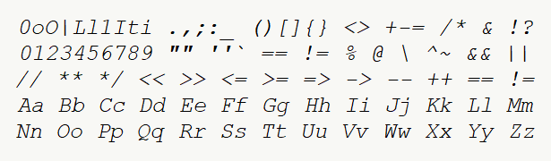 Font specimen for monospace font  (italic).