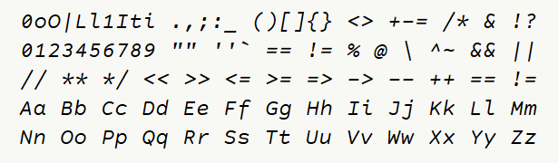 Font specimen for monospace font  (italic).