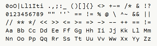 Font specimen for monospace font  (regular).