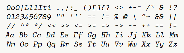 Font specimen for monospace font  (italic).