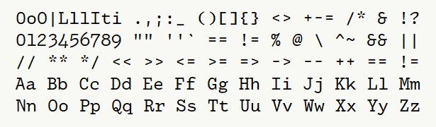 Font specimen for monospace font  (regular).