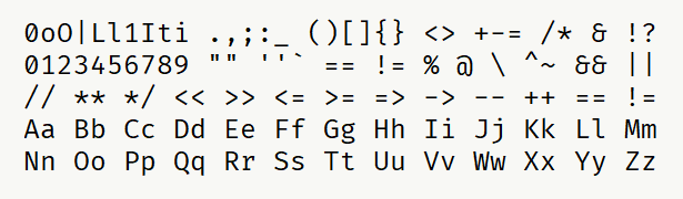 Font specimen for monospace font  (regular).