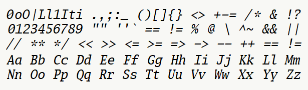 Font specimen for monospace font  (italic).