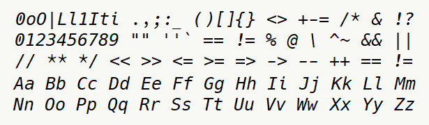 Font specimen for monospace font  (italic).