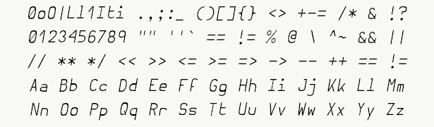 Font specimen for monospace font  (italic).