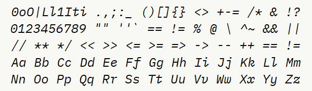 Font specimen for monospace font  (italic).