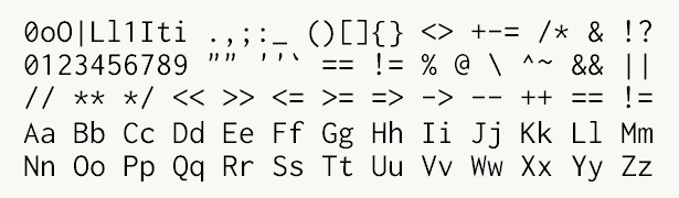 Font specimen for monospace font  (regular).