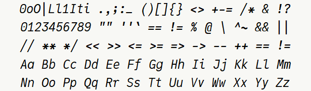 Font specimen for monospace font  (italic).