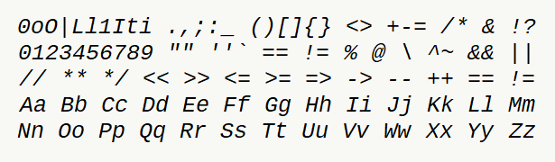 Font specimen for monospace font  (italic).