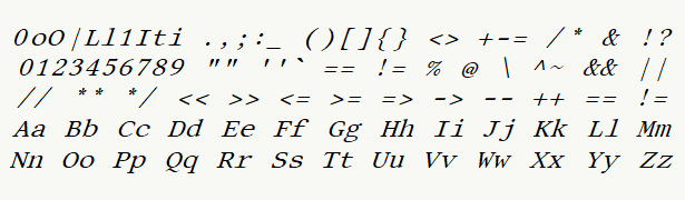 Font specimen for monospace font  (italic).