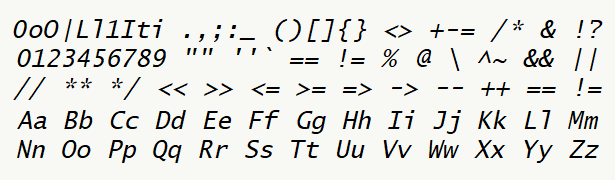 Font specimen for monospace font  (italic).