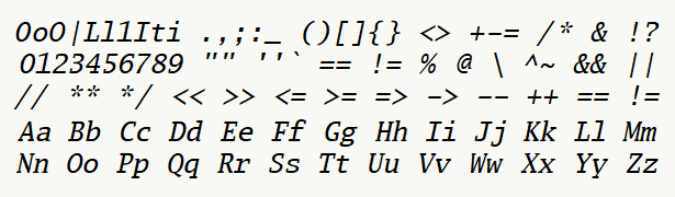 Font specimen for monospace font  (italic).