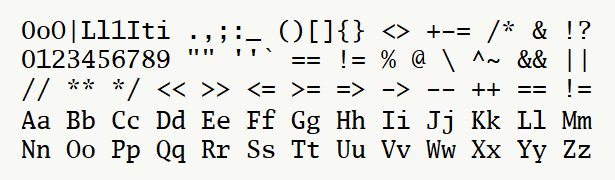 Font specimen for monospace font  (regular).