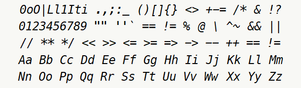 Font specimen for monospace font  (italic).