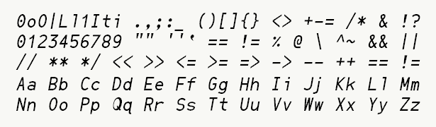 Font specimen for monospace font  (italic).