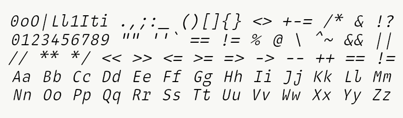 Font specimen for monospace font  (italic).