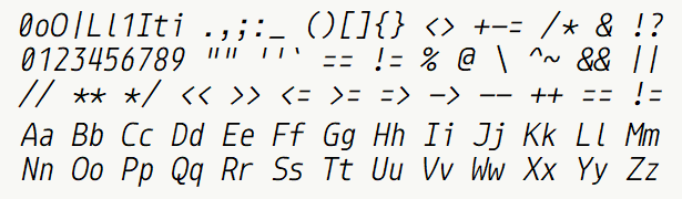 Font specimen for monospace font  (italic).