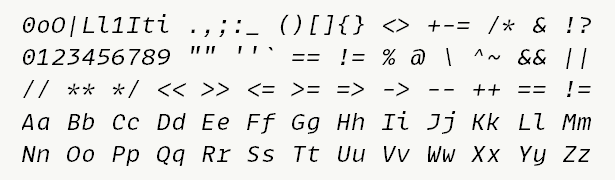 Font specimen for monospace font  (italic).