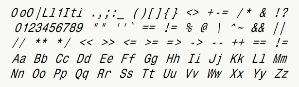 Font specimen for monospace font  (italic).