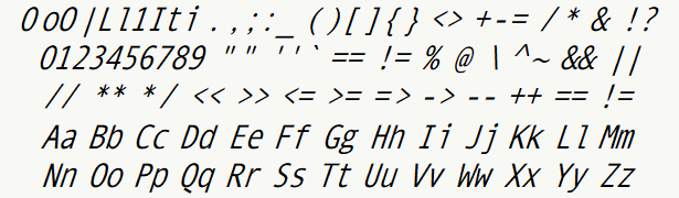 Font specimen for monospace font  (italic).