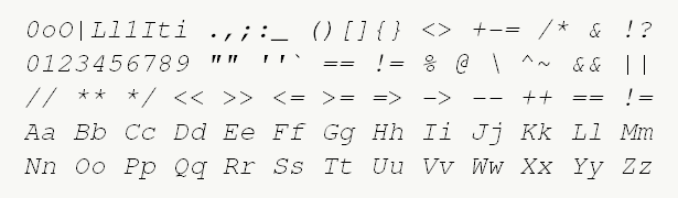 Font specimen for monospace font  (italic).