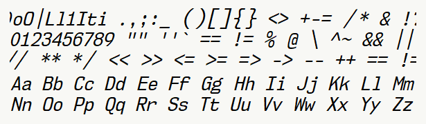 Font specimen for monospace font  (italic).