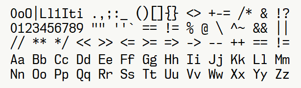 Font specimen for monospace font  (regular).