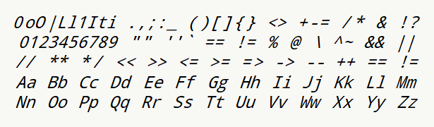 Font specimen for monospace font  (italic).