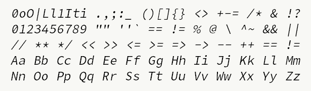 Font specimen for monospace font  (italic).