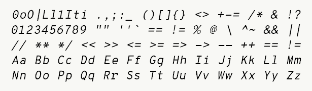 Font specimen for monospace font  (italic).