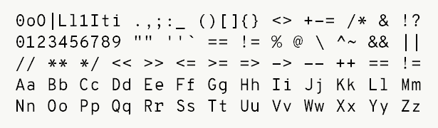 Font specimen for monospace font  (regular).