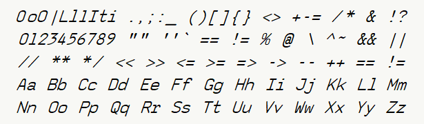 Font specimen for monospace font  (italic).