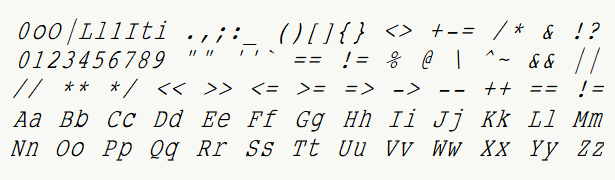 Font specimen for monospace font  (italic).