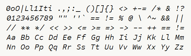 Font specimen for monospace font  (italic).