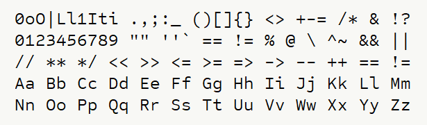 Font specimen for monospace font  (regular).