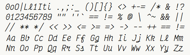 Font specimen for monospace font  (italic).